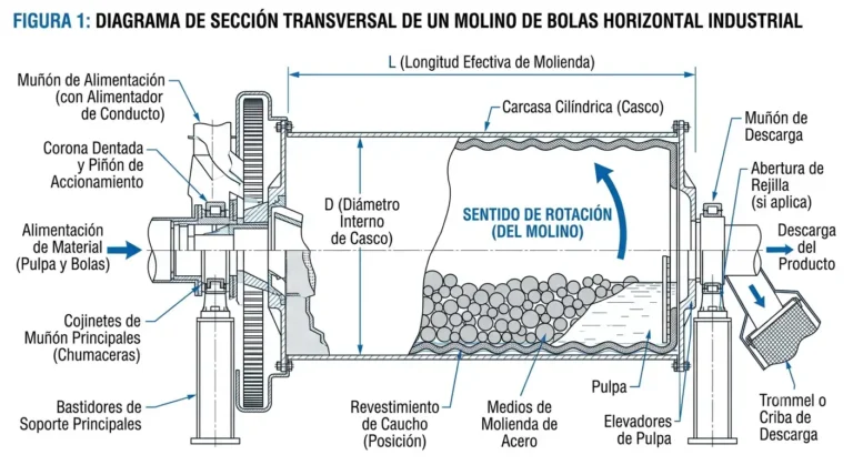 Diagrama de sección transversal de un molino de bolas horizontal industrial