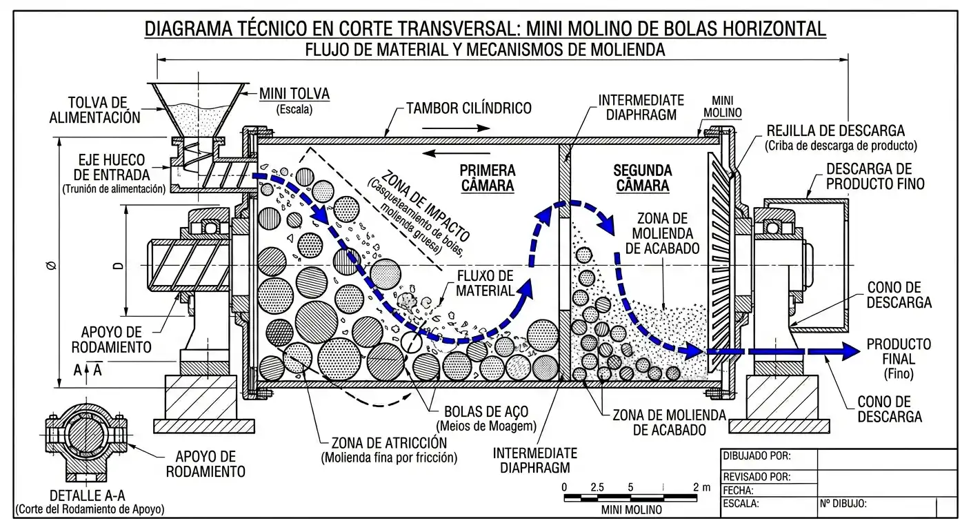Diagrama técnico en corte transversal de un mini molino de bolas horizontal
