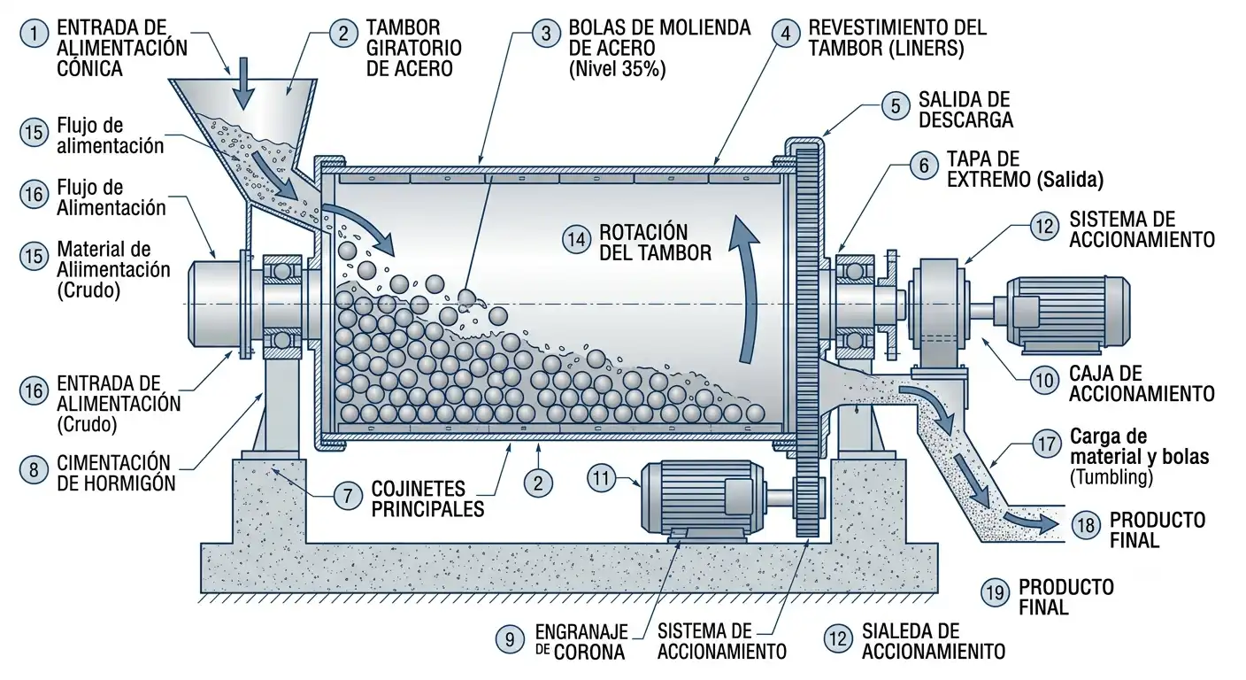 corte transversal de un molino de bolas continuo