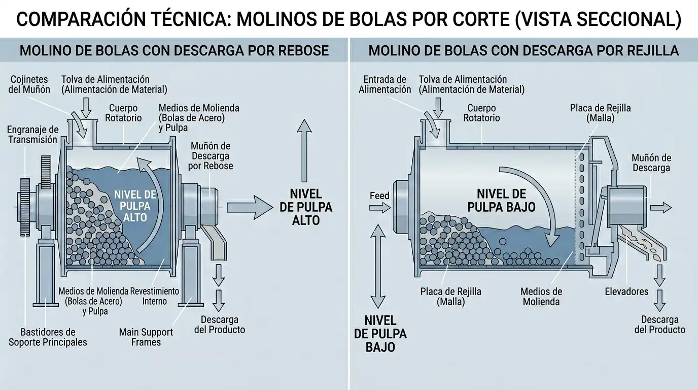 molino de bolas con descarga por rebose y molino de bolas con descarga por rejilla