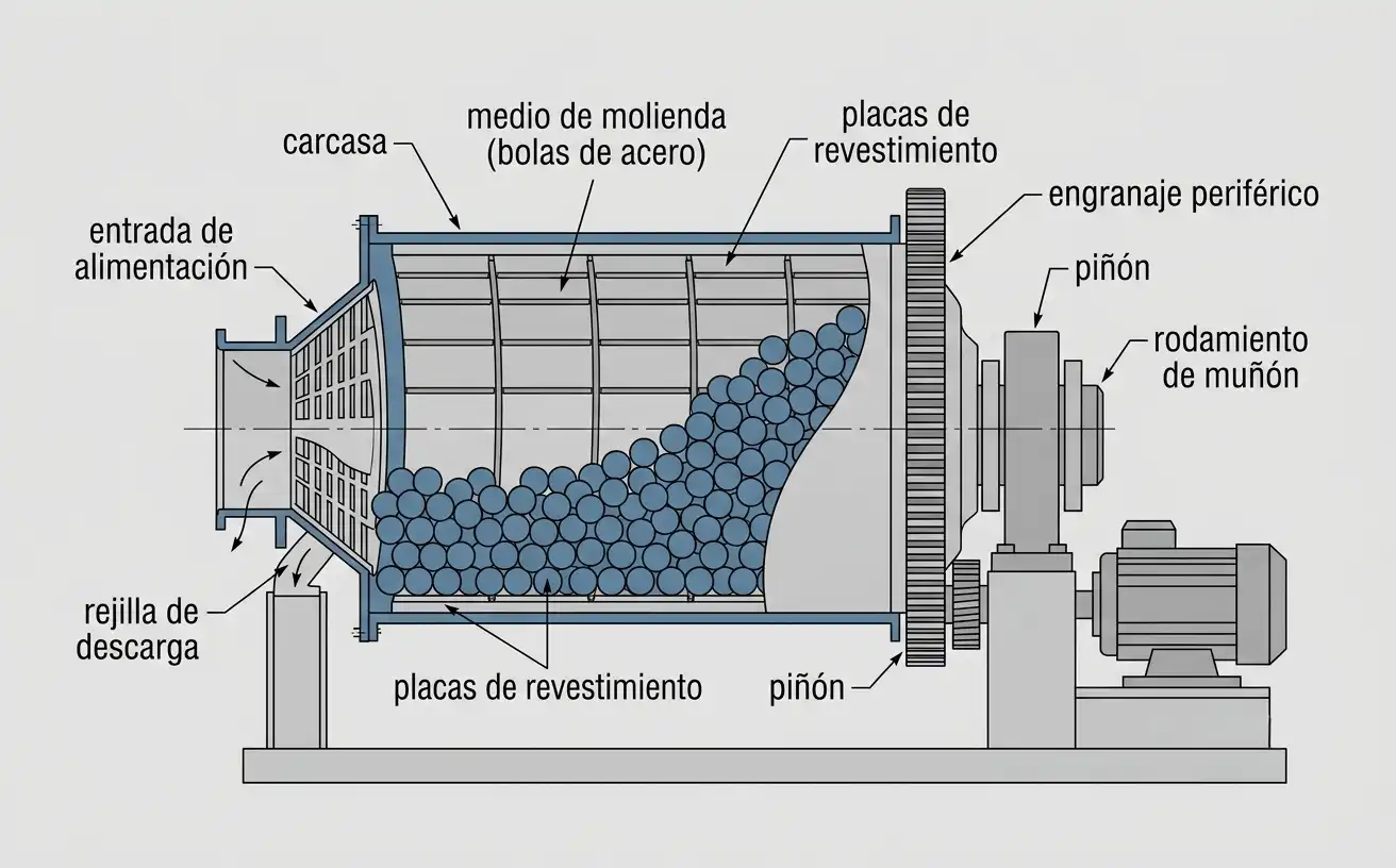 Molino de bolas horizontal diagrama en corte