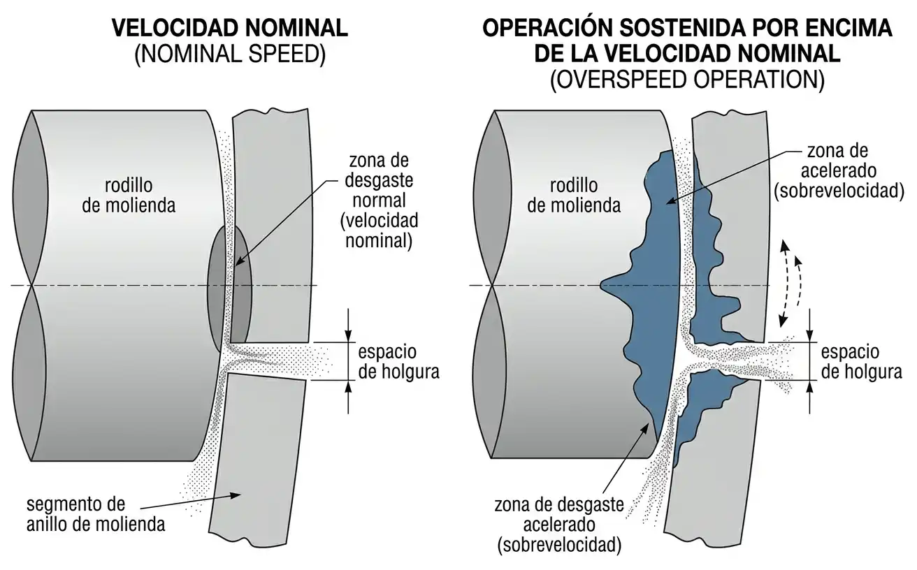 comparación de patrones de desgaste normal y acelerado del rodillo a velocidad nominal frente a sobrevelocidad