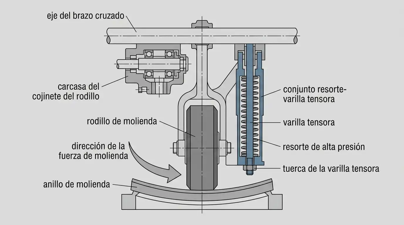 diagrama en corte de un conjunto de péndulo mostrando el resorte, la varilla tensora y el rodillo de molienda