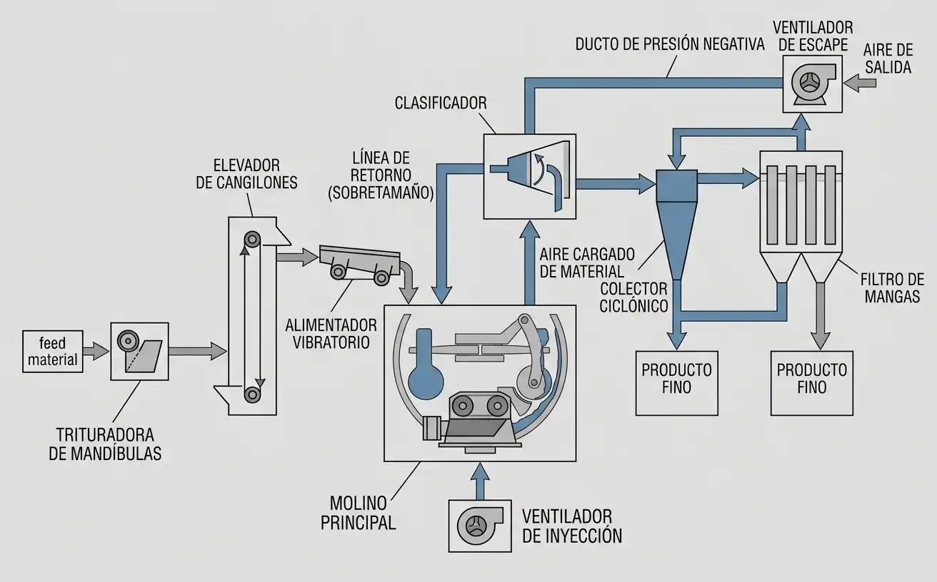 diagrama de flujo del proceso desde la alimentación hasta la molienda, clasificación y recolección de polvo
