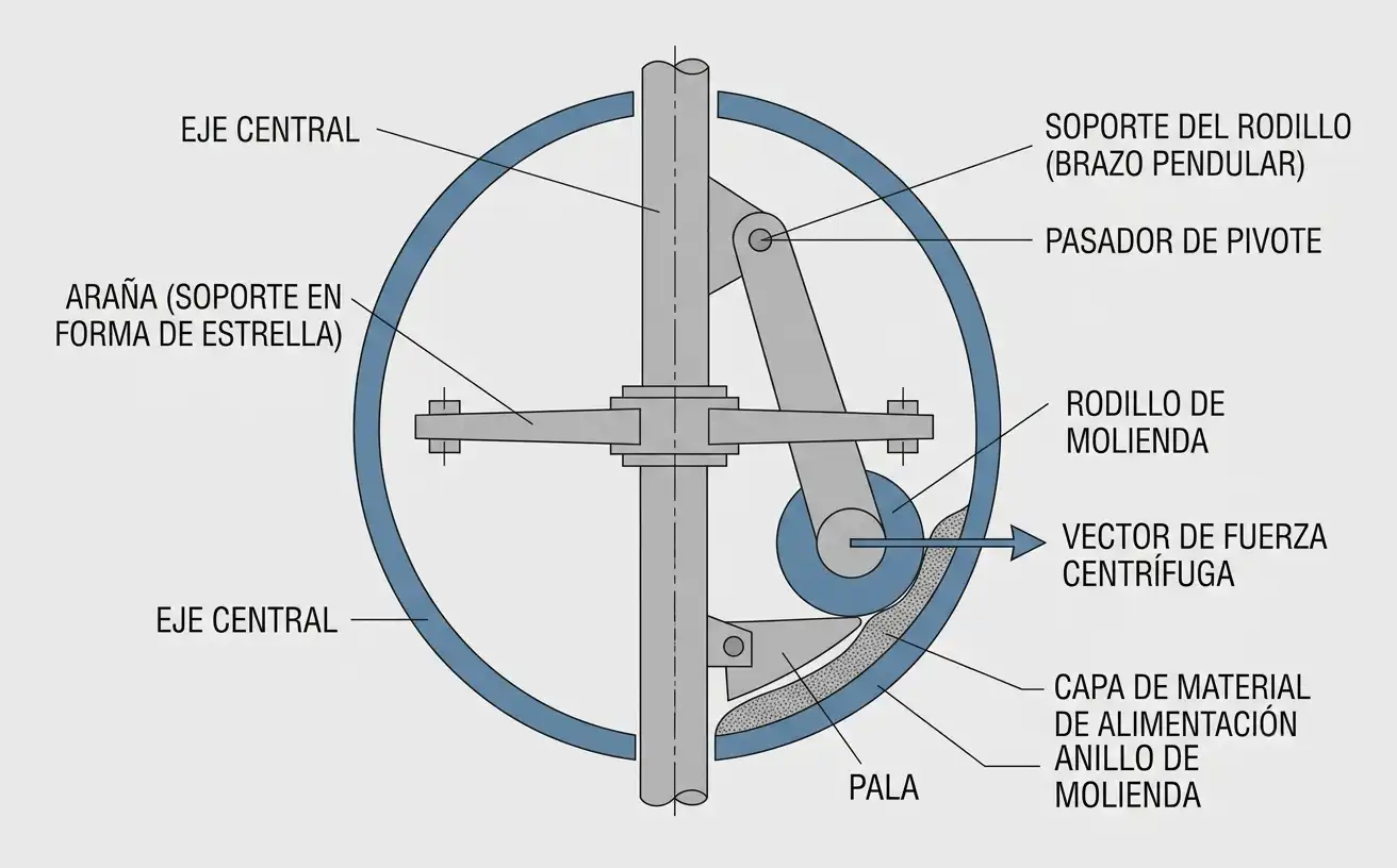 diagrama en corte del rodillo de molienda, el anillo de molienda y el mecanismo de suspensión pendular