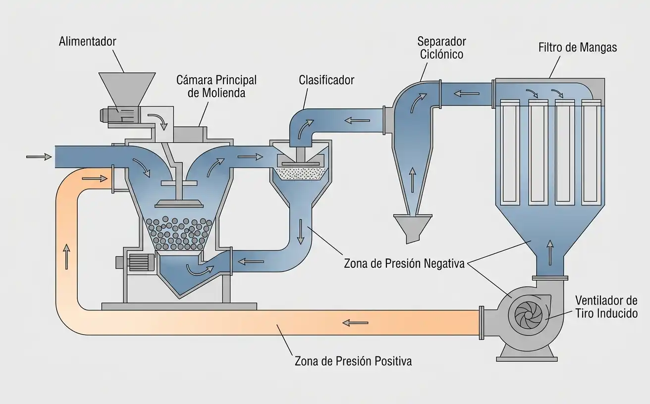 diagrama esquemático de las zonas de presión en el circuito de molienda, clasificación y recolección de polvo