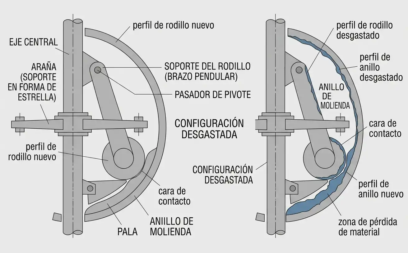 comparación en corte de las superficies nuevas y desgastadas del rodillo y el anillo de molienda