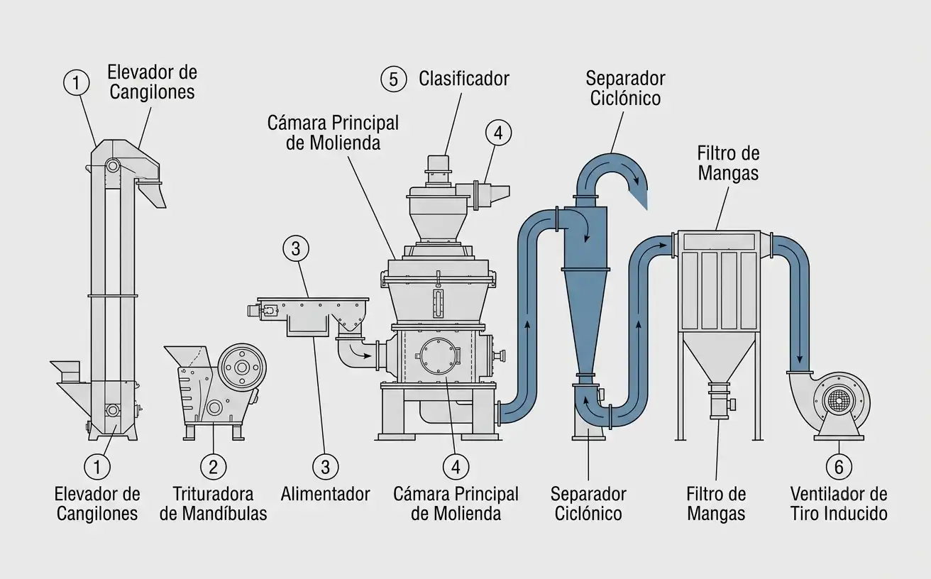 diagrama de disposición de los seis componentes principales del circuito en orden de arranque