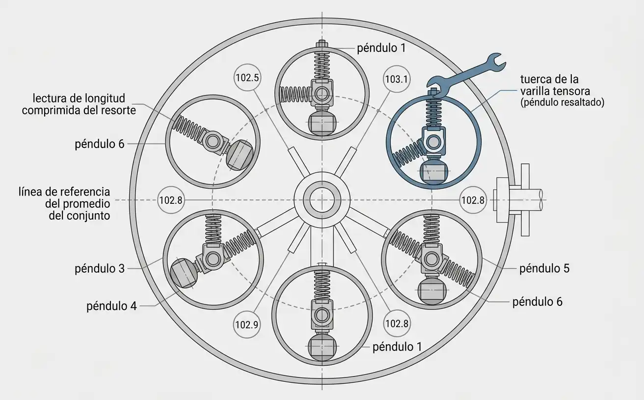 diagrama en planta de la medición de compresión del resorte en seis péndulos durante la igualación de tensión