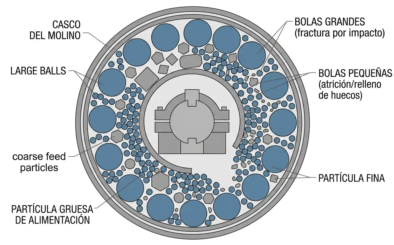 Diagrama en sección de un molino de bolas