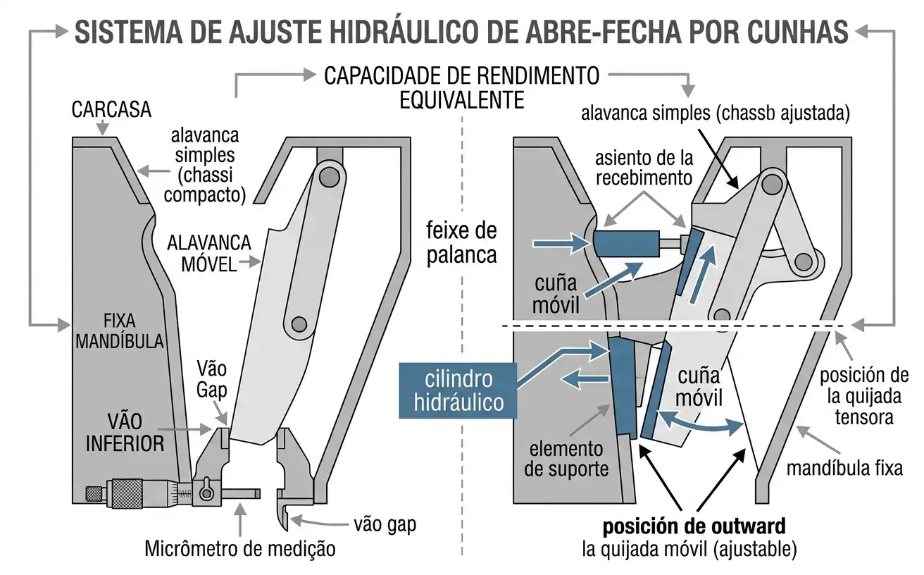 Cilindros hidráulicos empujando cuñas detrás del asiento de la placa tensora para el ajuste del CSS