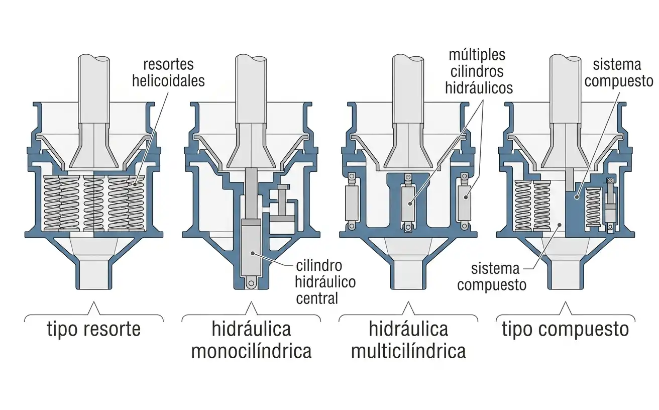 cuatro vistas en corte del cuerpo de una trituradora de cono