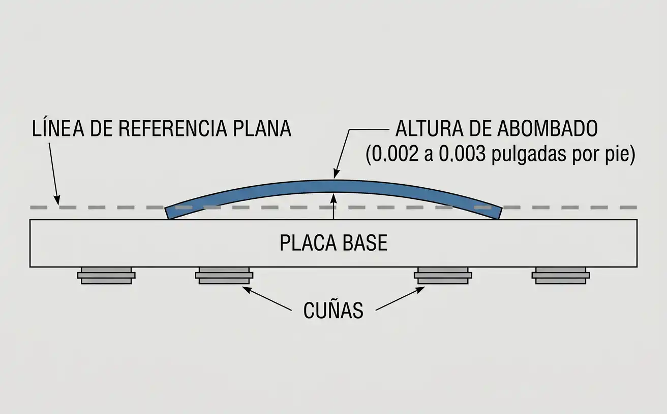 Diagrama de abombado de placa base de rodamiento de muñón mostrando elevación de 0.002 a 0.003 pulgadas por pie