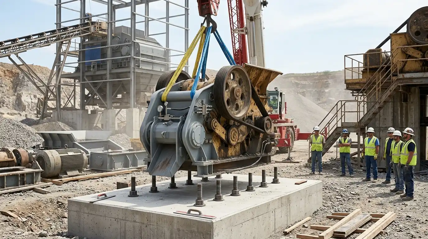 grúa bajando la máquina sobre su cimentación de hormigón