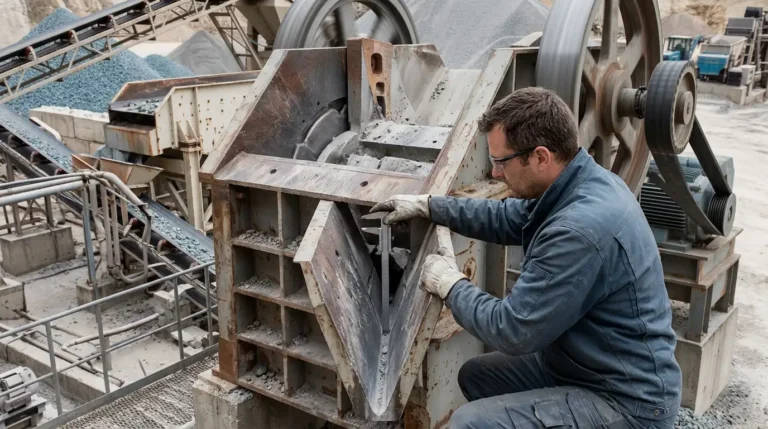 Técnico midiendo la abertura de salida cerrada en la descarga de una trituradora de quijada