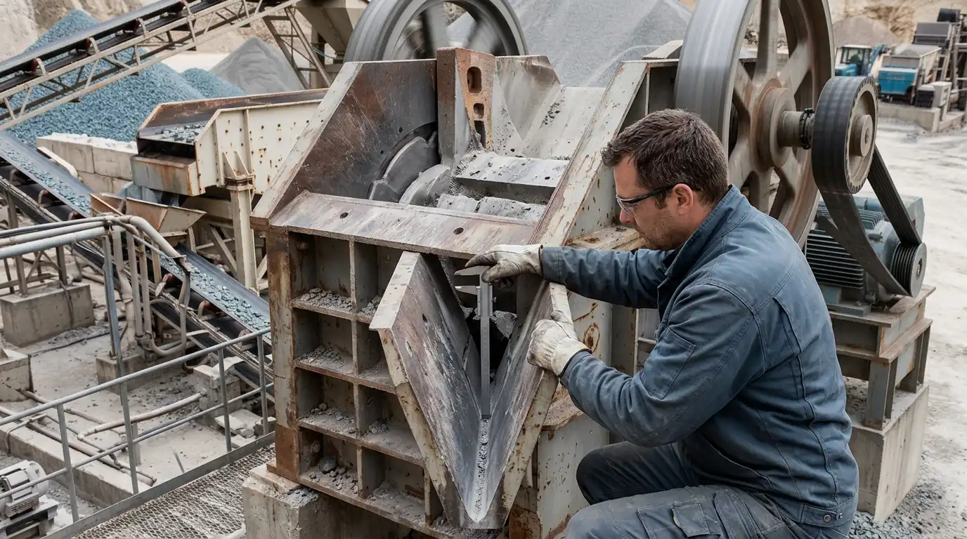 Técnico midiendo la abertura de salida cerrada en la descarga de una trituradora de quijada