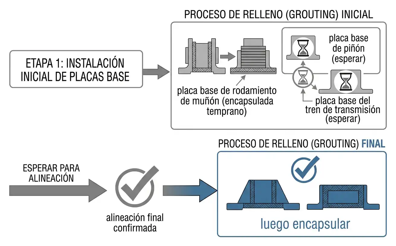 Diagrama de secuencia de encapsulado por etapas mostrando rodamientos de muñón encapsulados antes del tren de transmisión