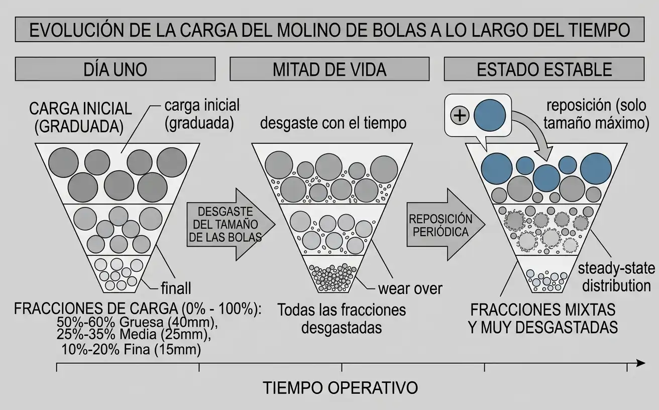 una carga de molino de bolas en tres etapas