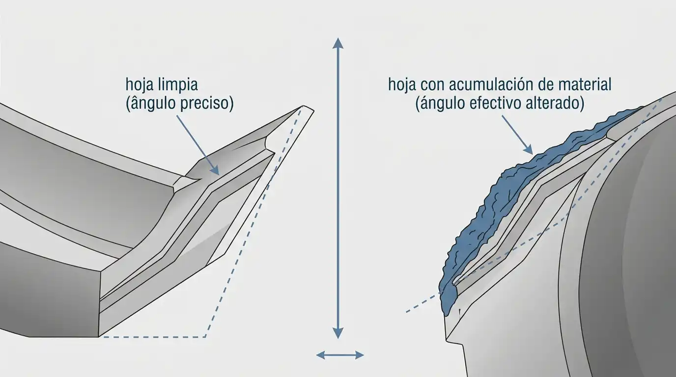 Aspa de separador limpia comparada con una recubierta de acumulación de material que altera su ángulo efectivo