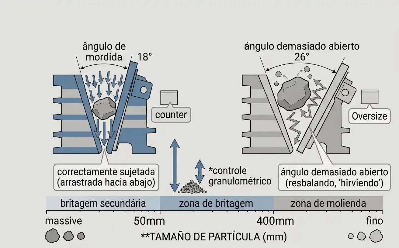 Diagrama del ángulo de mordida de trituradora de quijada mostrando roca sujetada correctamente frente a resbalando con ángulo demasiado abierto