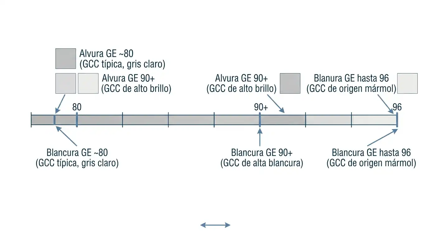 Escala de brillo GE desde GCC gris claro típico hasta GCC de alto brillo y origen mármol