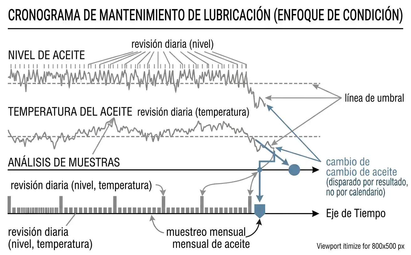 Línea de tiempo mostrando revisiones diarias de lubricación frente a cambio de aceite disparado por condición