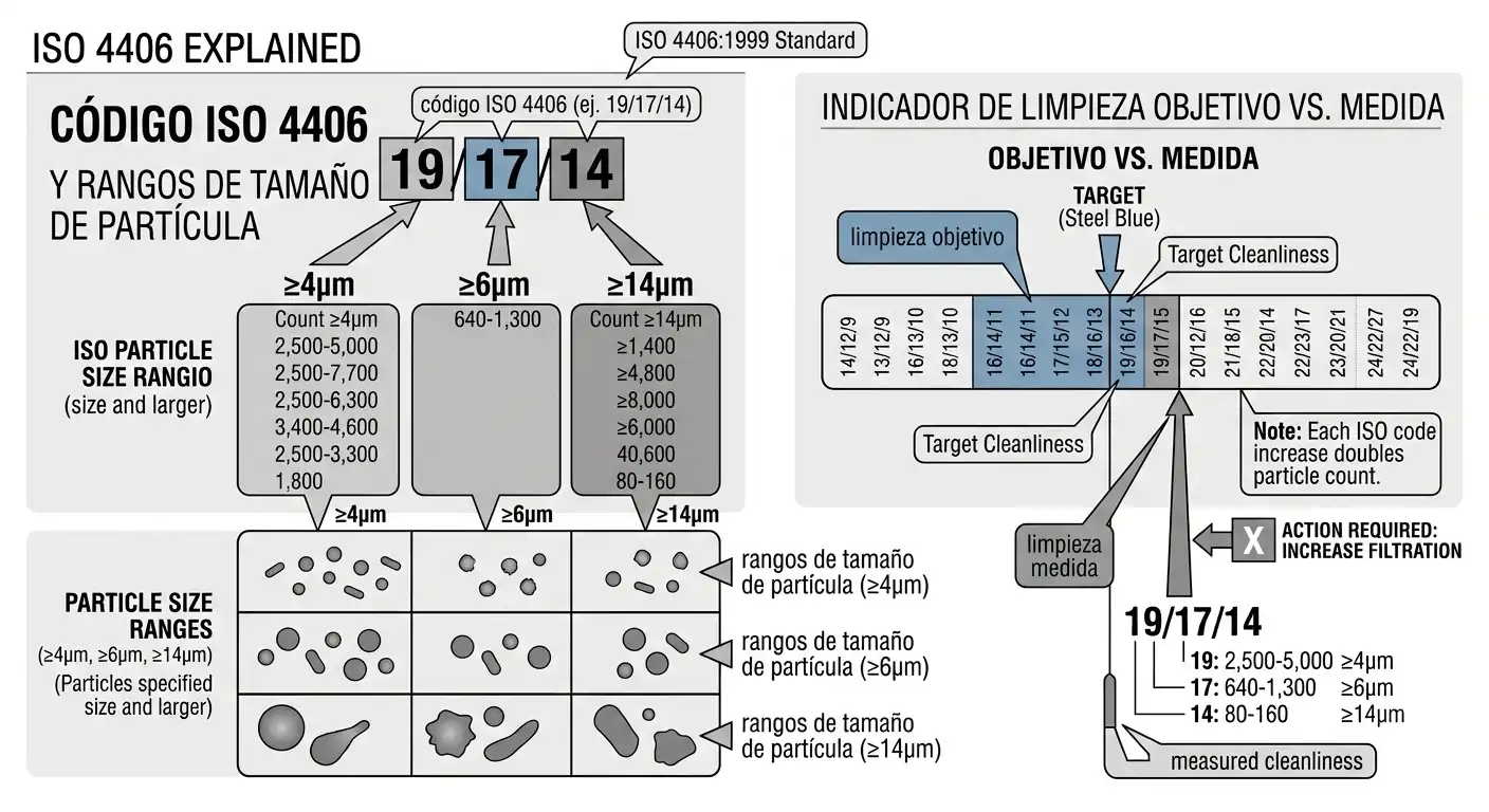 Código de limpieza de fluido hidráulico ISO 4406 con conteo de partículas en tres rangos de tamaño