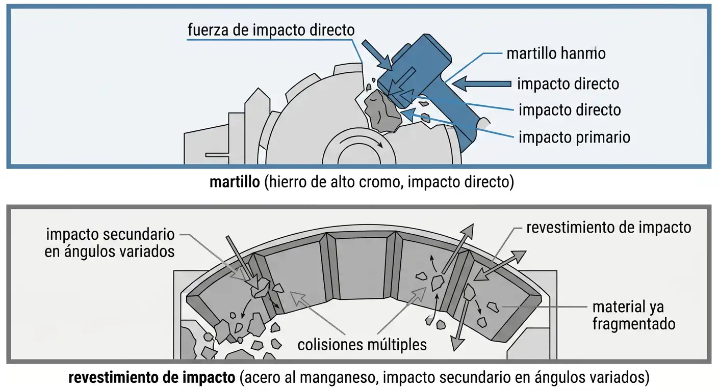 Comparación de material entre el martillo y el revestimiento de impacto de la trituradora PF