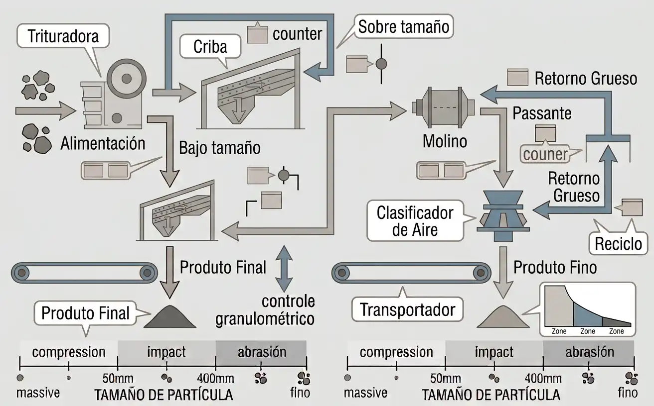 Criba y clasificador separando producto fino y retorno grueso