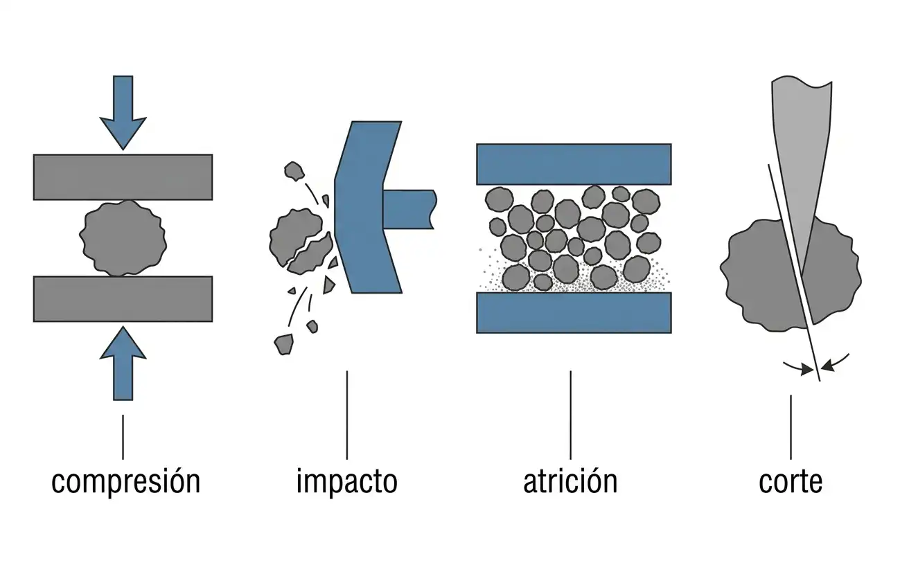 Cuatro mecanismos de rotura en conminución