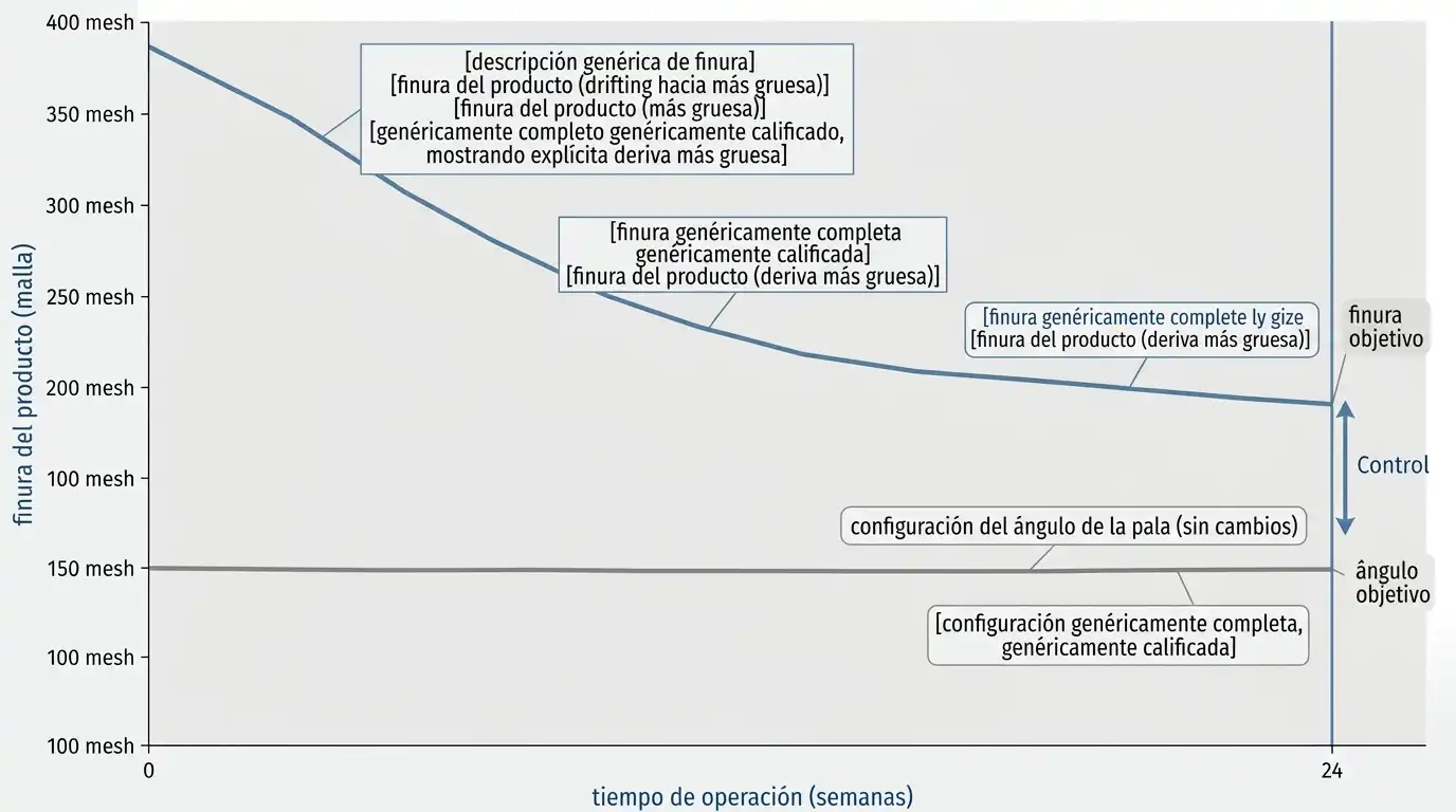 Finura del producto desviándose hacia lo grueso durante semanas de operación mientras el ajuste del ángulo del aspa permanece sin cambios