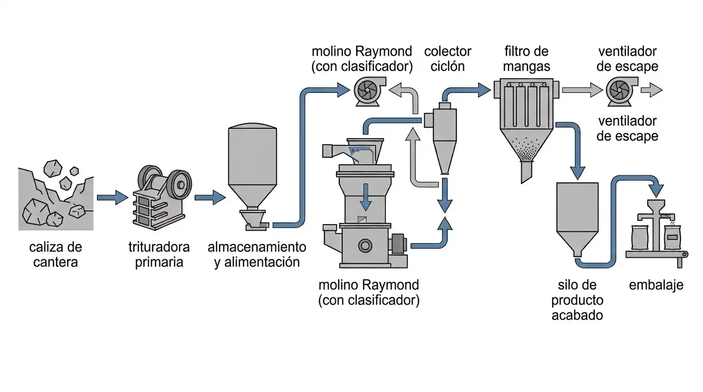 Diagrama de flujo completo desde caliza extraída hasta trituración, molienda en molino Raymond, control de polvo, y empaque