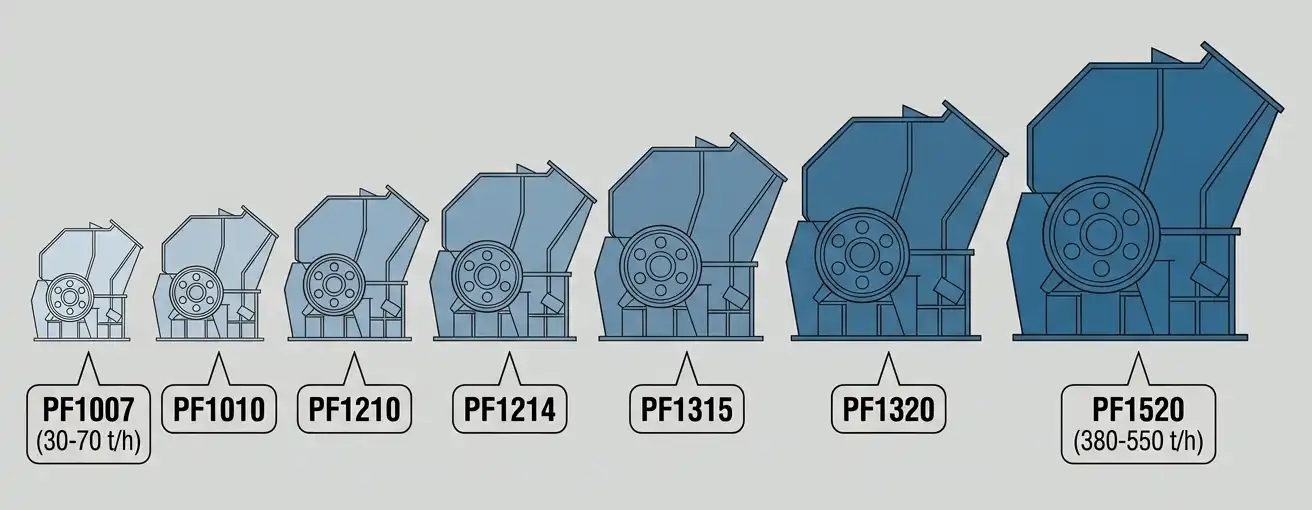 Gama de modelos de trituradora de impacto PF, de PF1007 a PF1520, por tamaño relativo y capacidad