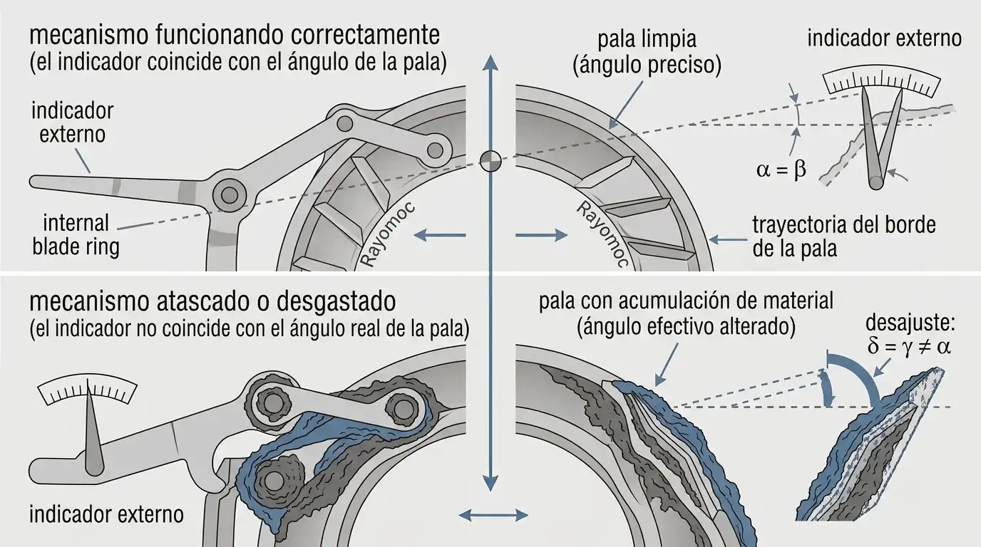 Mecanismo de ajuste funcionando correctamente comparado con uno agarrotado donde el indicador externo ya no coincide con el ángulo real del aspa