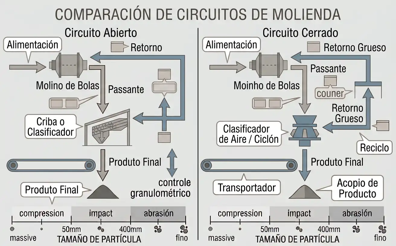 Molino de bolas en circuito abierto y cerrado con clasificación y retorno grueso
