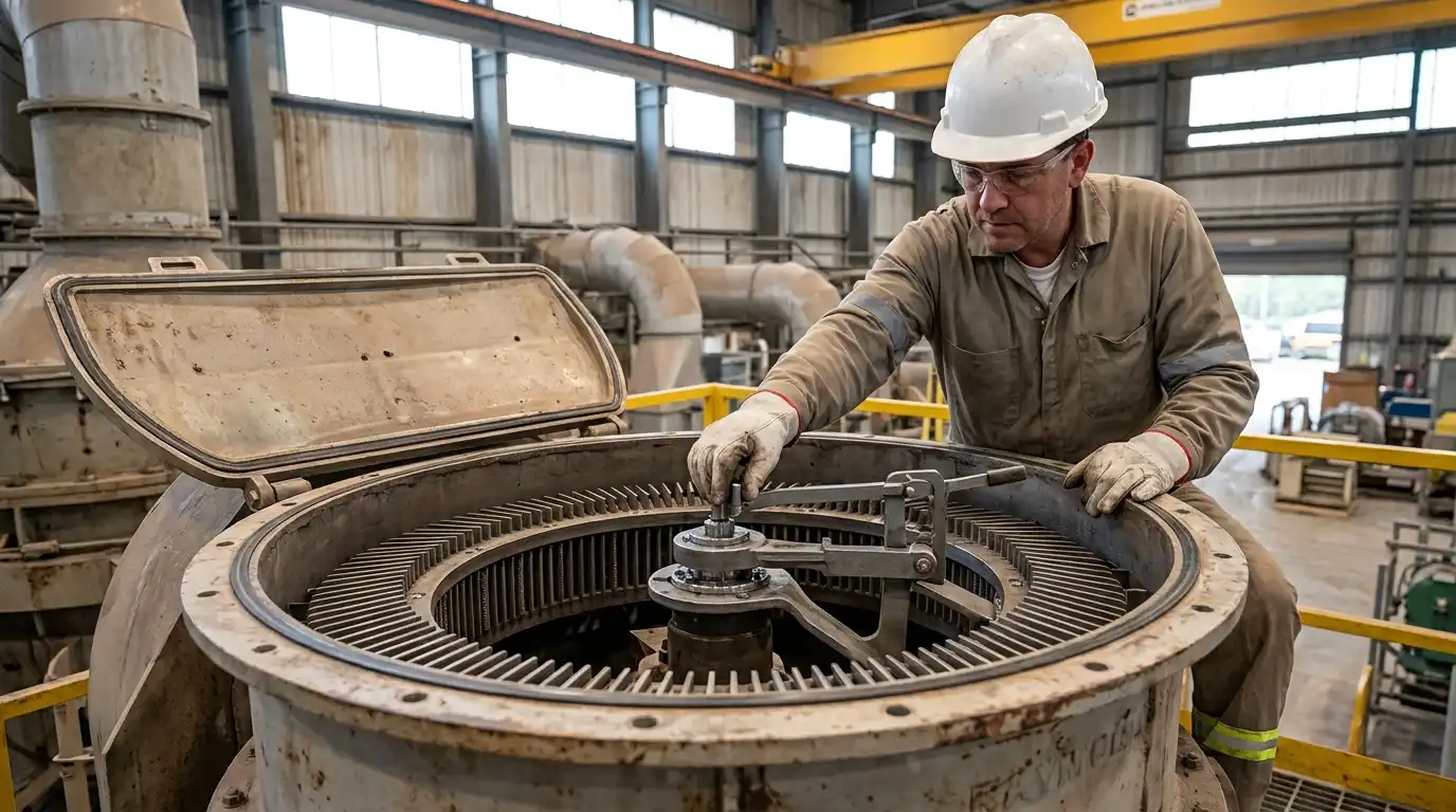 Técnico inspeccionando el anillo de aspas del separador estático y el mecanismo de ajuste en un molino Raymond de alto rendimiento