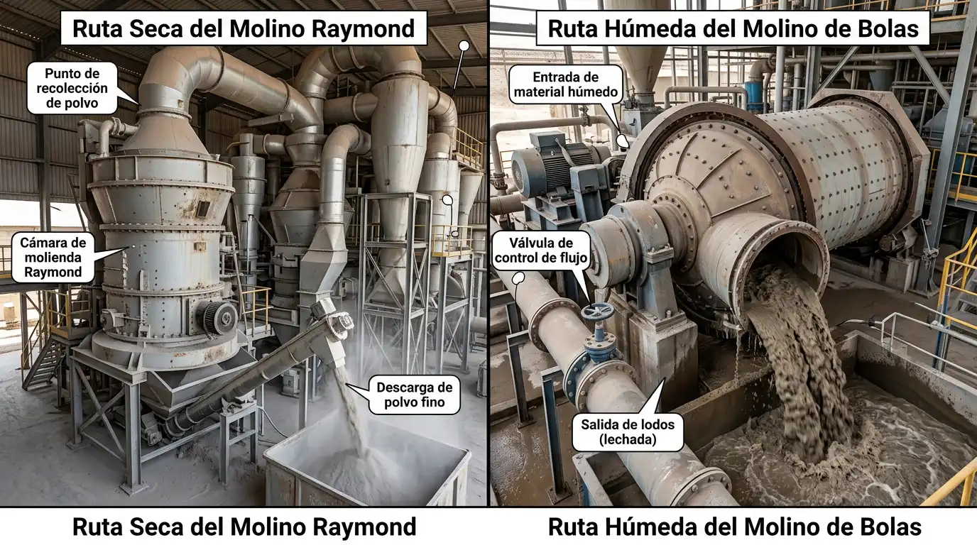 Polvo seco de roca fosfórica de molino Raymond comparado con pulpa húmeda de molino de bolas alimentando un reactor
