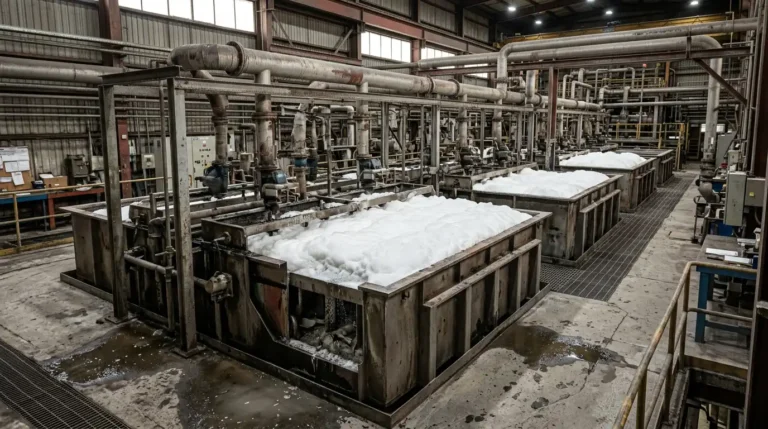 Banco de celdas mecánicas de flotación con espuma mineral visible en una planta de procesamiento