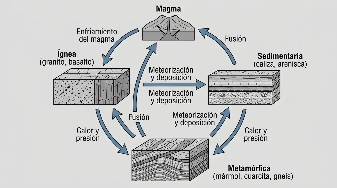 Diagrama del ciclo de las rocas con basalto, caliza y mármol como ejemplos