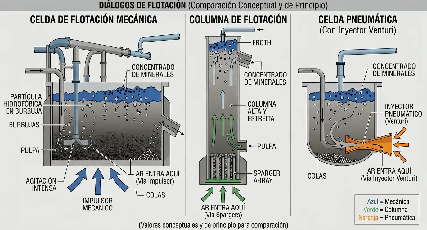 Diagrama comparando celdas de flotación mecánica, de columna y neumática lado a lado