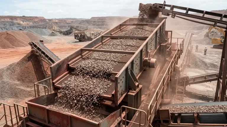 Criba vibratoria inclinada de varios pisos separando piedra triturada en una planta de agregados