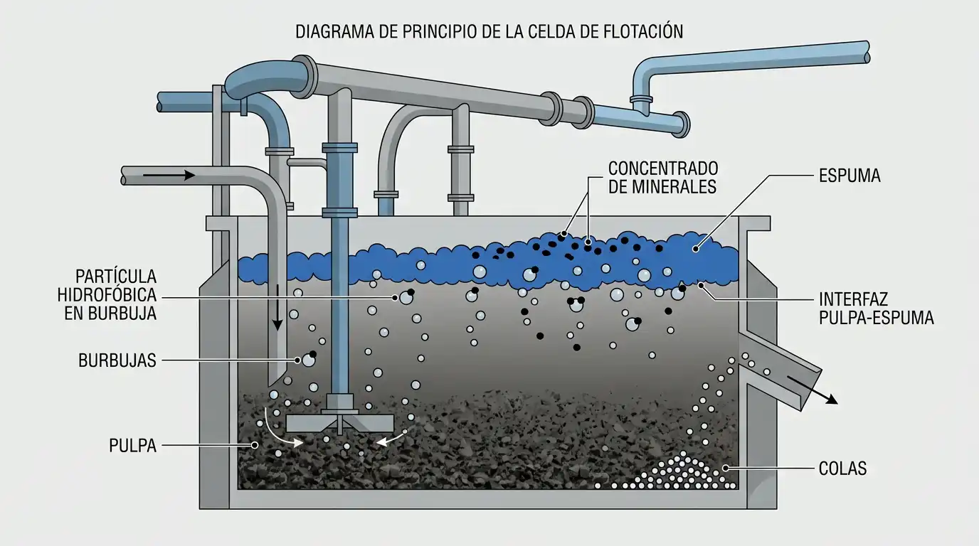 Diagrama de una celda de flotación que muestra la pulpa, burbujas de aire, espuma mineral y relave