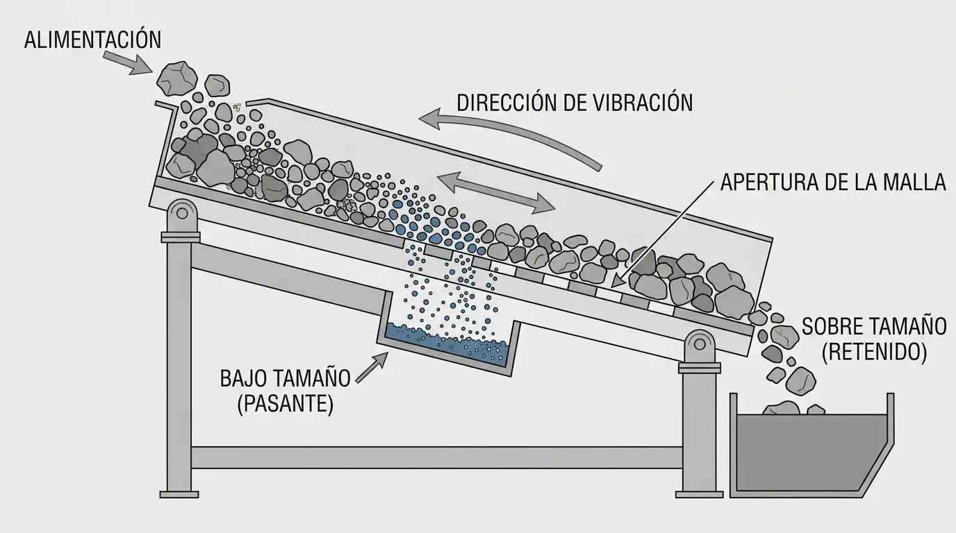 Diagrama en corte de una malla de criba vibratoria mostrando partículas de bajo tamaño pasando y sobretamaño retenido