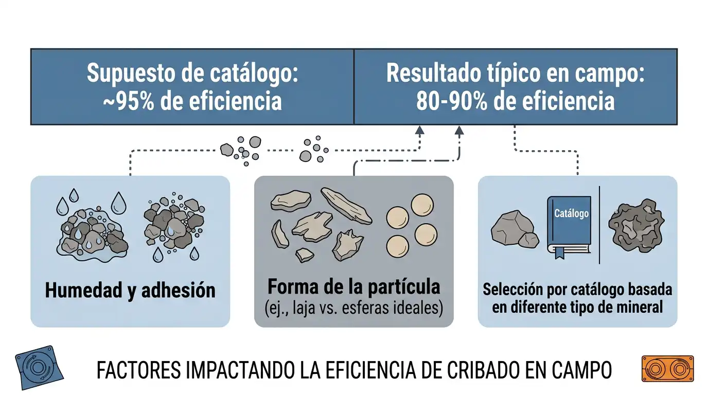 Infografía comparando los supuestos de eficiencia de cribado de catálogo contra los resultados reales en campo y sus causas principales