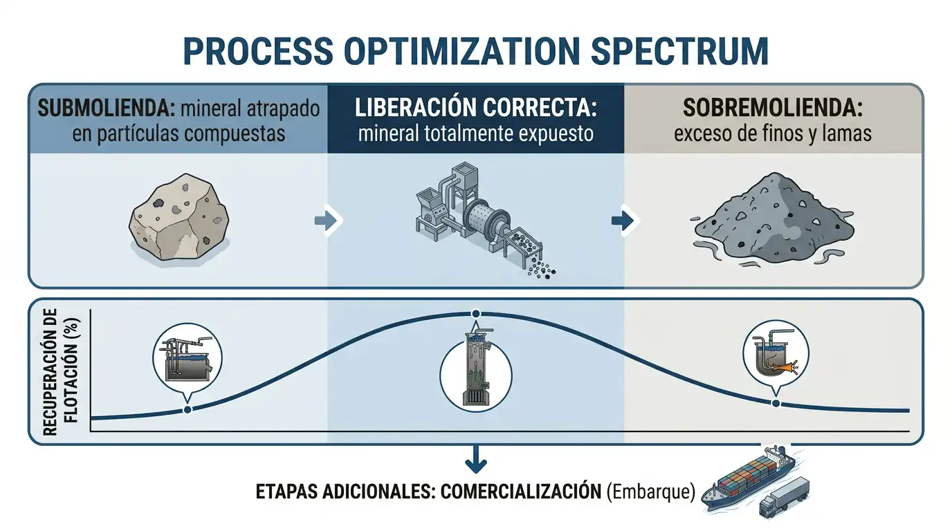Infográfico mostrando cómo la submolienda y la sobremolienda reducen la recuperación de flotación frente a la liberación correcta