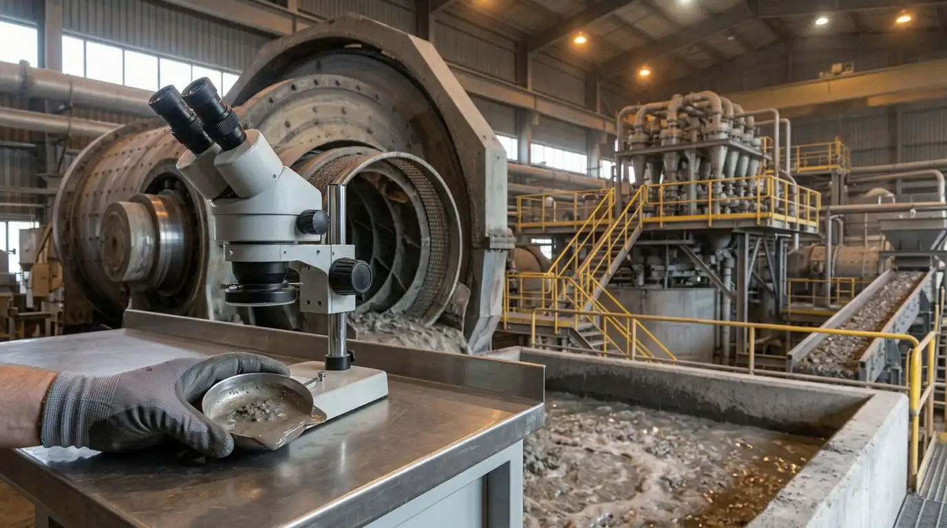 Muestra de mineral molido junto a la flotación
