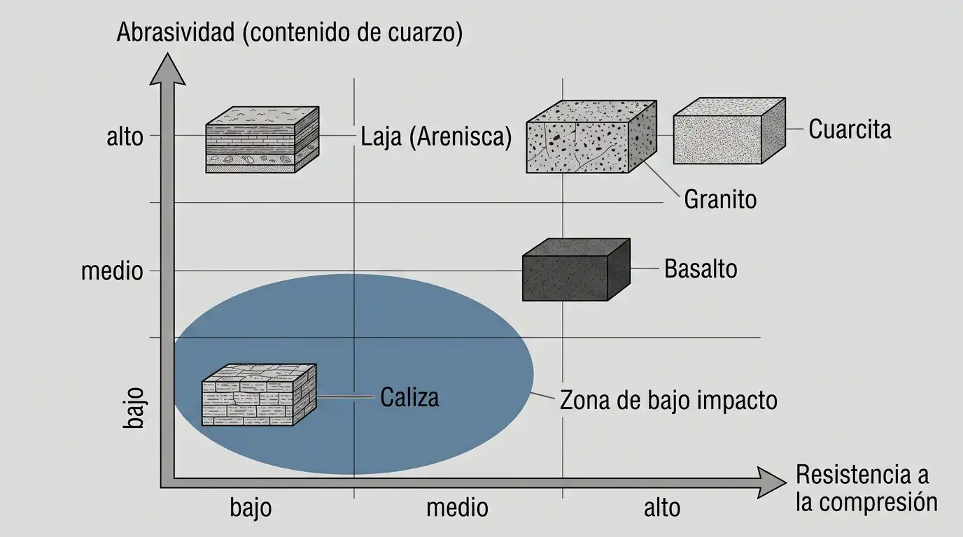Gráfica de resistencia y abrasividad de basalto, caliza, tezontle y granito