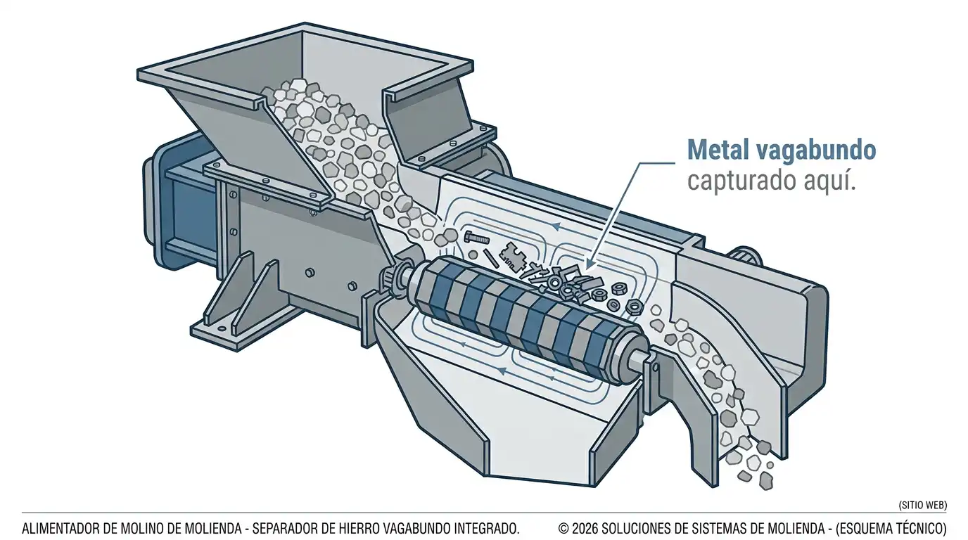 Corte técnico mostrando un rodillo magnético integrado dentro del alimentador de un molino, reteniendo metal extraño