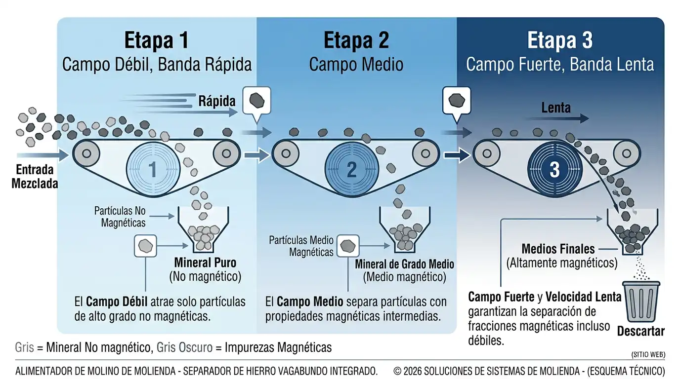 Diagrama de flujo de un circuito de separador magnético de tres etapas, con intensidad de campo creciente y velocidad de banda decreciente