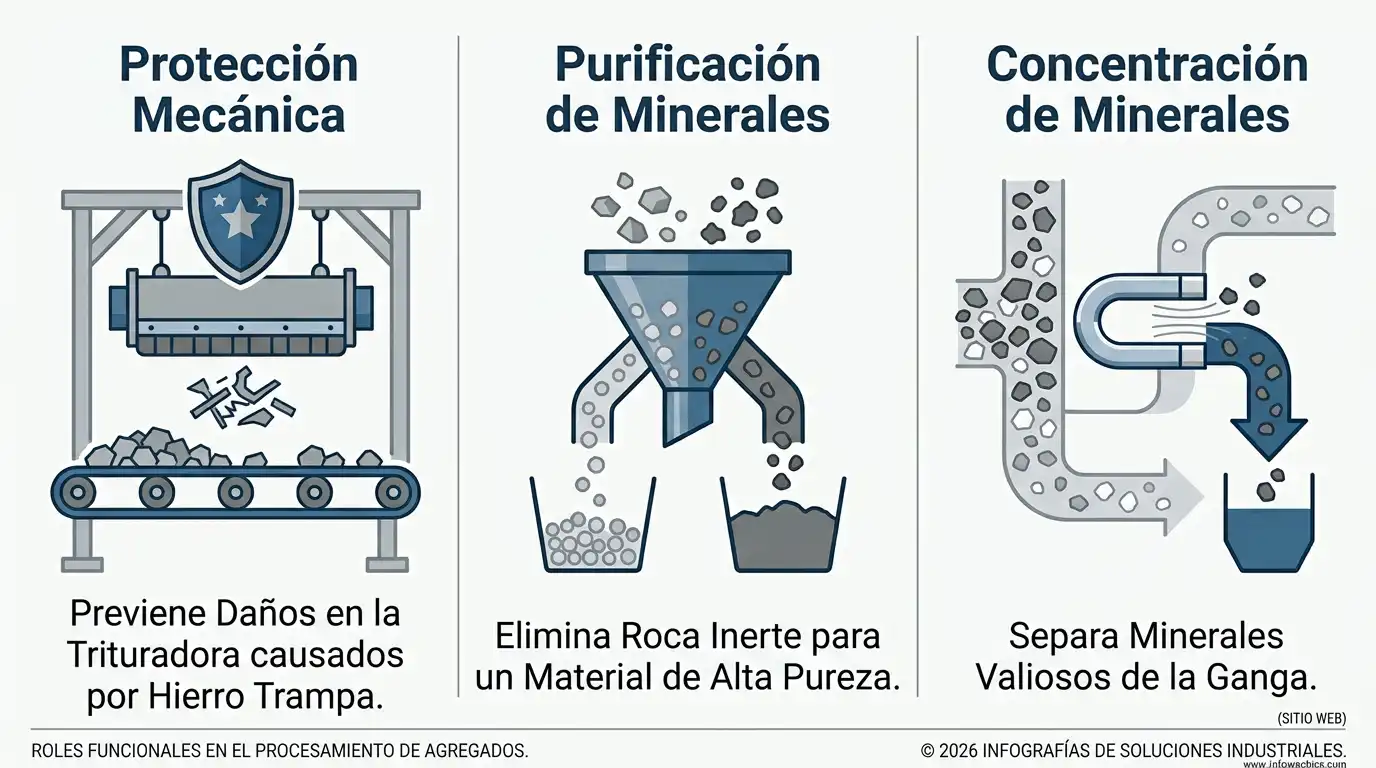 Infografía comparando tres aplicaciones del separador magnético: protección mecánica, purificación mineral y concentración de mineral